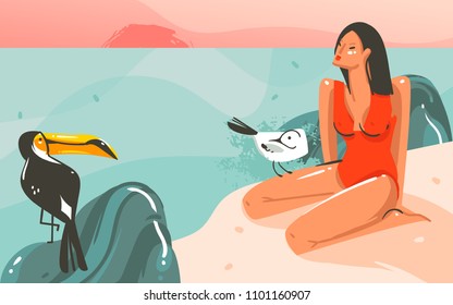 Hand drawn vector abstract cartoon summer time graphic illustrations art template background with ocean beach landscape, pink sunset, toucan bird and beauty girl with copy space place for your text