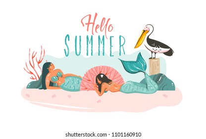 Hand drawn vector abstract cartoon graphic illustrations poster with coral reefs,pelican bird and beauty mermaids girls character relaxing on beach and Hello Summer quote isolated on white background