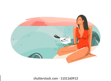 Hand drawn vector abstract cartoon summer time graphic hawaii illustrations art template background logo design with ocean beach landscape,pink sunset and beauty girl with place for your text