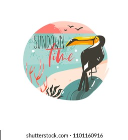 Hand drawn vector abstract cartoon summer time graphic illustrations template background badge design with ocean beach landscape,pink sunset and beauty toucan bird with Sundown time typography text