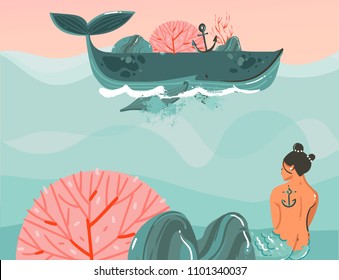 Hand drawn vector abstract cartoon summer time graphic illustrations art template background with ocean beach landscape,big whale,sunset scene and beauty mermaid girl with copy space place