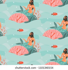 Hand drawn vector abstract cartoon graphic summer time underwater illustrations seamless pattern with jellyfish,fishes and beauty bohemian mermaid girls characters isolated on white background