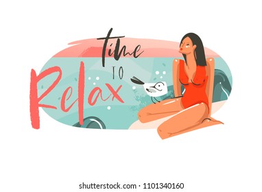 Hand drawn vector abstract cartoon summer time graphic hawaii illustrations art template background logo design with ocean beach landscape,pink sunset and beauty girl with Time to relax text