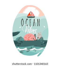 Hand drawn vector abstract cartoon summer time graphic illustrations art template badge background with ocean beach landscape,big whale,sunset scene and Ocean vibes typography quote