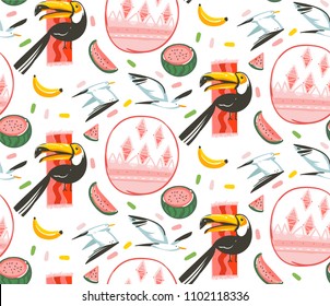 Hand drawn vector abstract cartoon graphic summer time beach illustrations seamless pattern with watermelon,gulls and toucan birds,banana and watermelon fruits isolated on white background