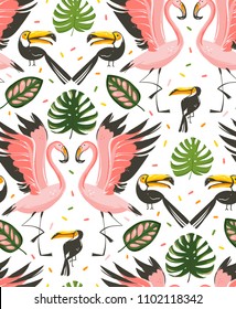 Hand drawn vector abstract cartoon graphic summer time beach illustrations seamless pattern with flamingo and toucan birds,monstera and banana tree tropical palm leaves isolated on white background