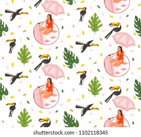 Hand drawn vector abstract cartoon summer time graphic illustrations artistic seamless pattern with toucan birds and beauty girl under pink bohemian umbrella on beach mat isolated on white background