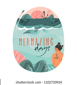 Hand drawn vector abstract cartoon summer time graphic illustrations art template background with ocean beach landscape,big whale,sunset scene and beauty mermaid girl with Mermazing days quote text.