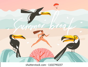 Hand drawn vector abstract cartoon summer time graphic illustrations art template background with ocean beach landscape,pink sunset,toucan birds and running beauty girl with Summer break typography