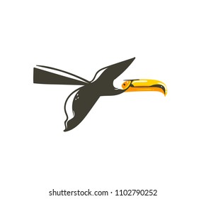 Hand drawn vector abstract cartoon summer time graphic decoration illustrations art with exotic tropical flying rainforest toucan bird isolated on white background