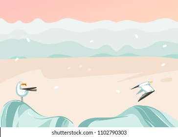 Hand drawn vector abstract cartoon summer time graphic illustrations art template background with ocean beach landscape,pink sunset,sea gull birds and copy space place for your text