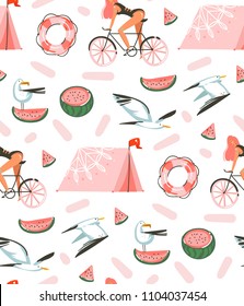 Hand drawn vector abstract cartoon summer time graphic illustrations artistic seamless pattern with beach gull birds,camping tent,watermelon and beauty girl on bike isolated on white background