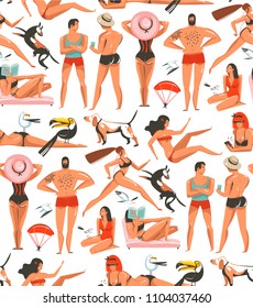 Hand drawn vector abstract cartoon summer time graphic illustrations artistic seamless pattern with relaxing people,beach birds,dogs and beauty running girl on beach isolated on white background