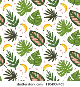 Hand drawn vector abstract cartoon summer time graphic illustrations seamless pattern with banana fruits and tropical palm leaves isolated on white background