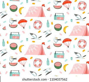 Hand drawn vector abstract cartoon summer time graphic illustrations artistic seamless pattern with beach gull birds,camping tent,watermelon and banana fruits isolated on white background