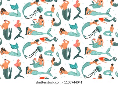 Hand drawn vector abstract cartoon summer time graphic illustrations seamless pattern collection with beauty mermaid underwater swimming girls and boys isolated on white background.