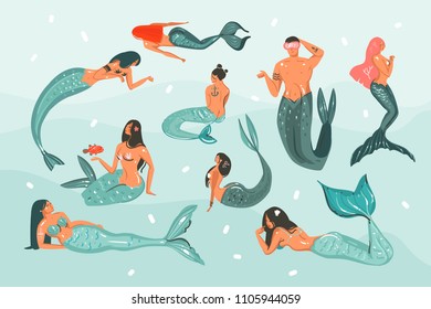 Hand drawn vector abstract cartoon summer time graphic illustrations collection set with beauty mermaid underwater swimming girls and boys isolated on blue ocean waves.