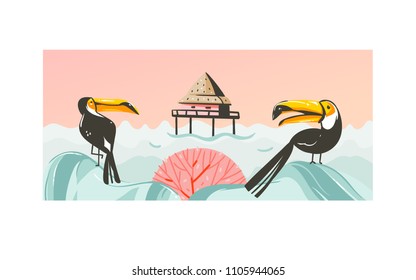 Hand drawn vector abstract cartoon summer time graphic illustrations art with beach sunset scene with cabin in sea and tropical toucan birds isolated on white background.