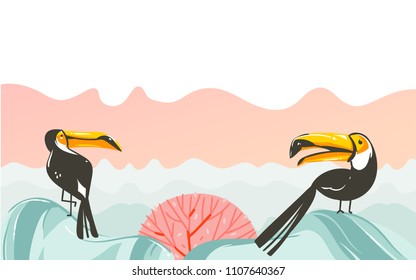 Hand drawn vector abstract cartoon summer time graphic illustrations art with beach sunset scene and tropical toucan birds with copy space place for your text isolated on white background