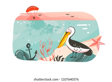 Hand drawn vector abstract cartoon summer time graphic illustrations banner background with ocean beach landscape,pink sunset view,pelican bird with copy space place for your text isolated on white