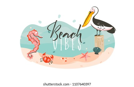Hand drawn vector abstract cartoon summer time graphic underwater illustrations template background scene with sea bottom,seahorse,pelican bird,starfish and Beach Vibes typography isolated on white