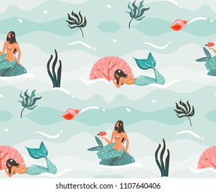 Hand drawn vector abstract cartoon graphic summer time underwater illustrations seamless pattern with jellyfish,fishes and beauty bohemian mermaid girls characters isolated on white background