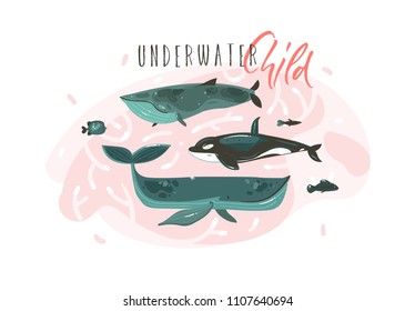 Hand drawn vector abstract cartoon graphic summer time underwater illustrations collection set with beauty big whales characters with Underwater Child typography isolated on white background