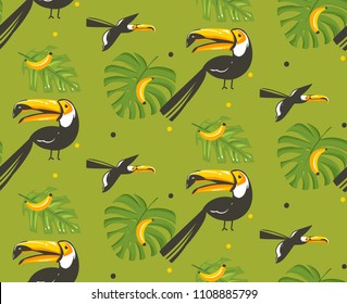 Hand drawn vector abstract cartoon summer time graphic illustrations artistic seamless pattern with toucan birds and exotic tropical palm leaves isolated on green background