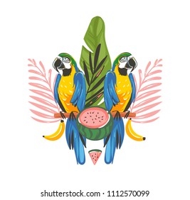 Hand drawn vector abstract cartoon summer time graphic illustrations art with exotic tropical sign with rainforest Parrot Macaw birds,watermelon and tropical leaves isolated on white background