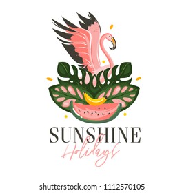 Hand drawn vector abstract cartoon summer time illustrations exotic tropical sign with Flamingo bird,watermelon,tropical leaves ans Sunshine holidays typography quote isolated on white background