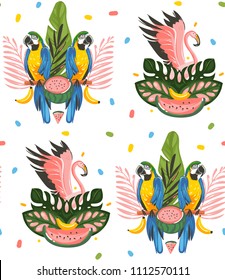 Hand drawn vector abstract cartoon summer time graphic decoration illustrations art seamless pattern with exotic tropical rainforest pink flamingo and Parrot Macaw birds isolated on white background