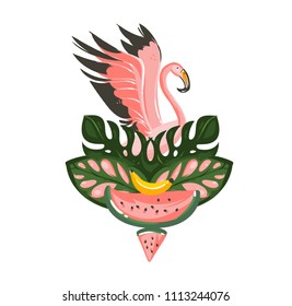Hand drawn vector abstract cartoon summer time illustrations exotic tropical sign with Flamingo bird,watermelon,tropical leaves isolated on white background