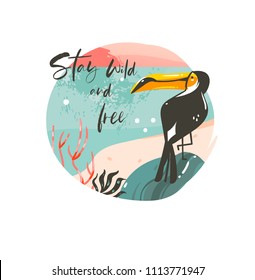 Hand drawn vector abstract cartoon summer time graphic illustrations template background badge design with ocean beach landscape,sunset and beauty toucan bird with Stay wild and free typography text