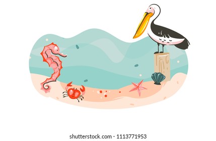 Hand drawn vector abstract cartoon summer time graphic underwater illustrations template background scene with sea bottom,seahorse,pelican bird,starfish and copy space place isolated on white