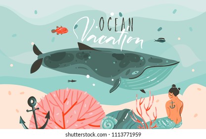 Hand drawn vector abstract cartoon summer time graphic illustrations art template background with ocean bottom,beauty mermaid girl,whale,underwater blue waves and Ocean Vacation typography text