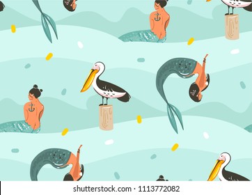 Hand drawn vector abstract cartoon graphic summer time underwater illustrations seamless pattern with pelican bird,fishes and beauty bohemian mermaid girls characters isolated on blue background