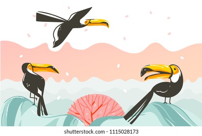 Hand drawn vector abstract cartoon summer time graphic illustrations art with beach sunset scene with tropical toucan birds isolated on white background