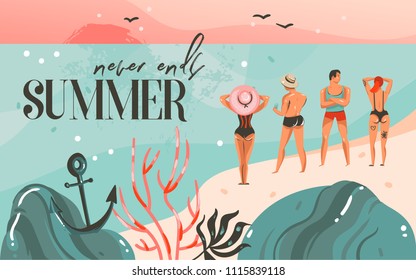 Hand drawn vector abstract cartoon summer time graphic illustrations art template background with ocean beach landscape,pink sunset,boys and girls on beach scene and summer never ends typography
