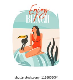 Hand drawn vector abstract cartoon summer time graphic illustrations template sign background with girl,relaxing on beach scene,tropical bird and Enjoy Beach typography isolated on white background