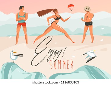 Hand drawn vector abstract cartoon summer time graphic illustrations art template background with beach landscape,pink sunset,boys and running girl on beach scene with Enjoy Summer typography quote