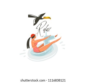 Hand drawn vector abstract cartoon summer time graphic illustrations art with beauty girl on unicorn float ring swimming on pool and Relax typography isolated on white background