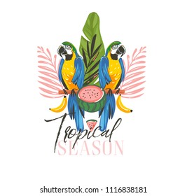 Hand drawn vector abstract cartoon summer time graphic illustrations art with exotic tropical sign with rainforest Parrot Macaw birds,watermelon and Tropical Season text isolated on white background