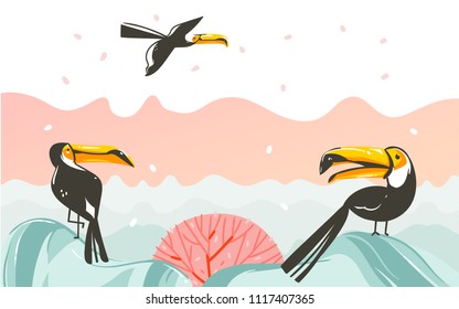 Hand drawn vector abstract cartoon summer time graphic illustrations art with beach sunset scene and tropical toucan birds with copy space place for your text isolated on white background