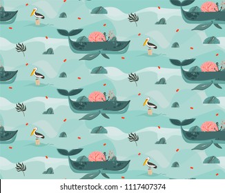 Hand drawn vector abstract cartoon graphic summer time beach scene ocean bottom illustrations seamless pattern with coral reefs,beauty big whales,touan and pelican birds isolated on blue background