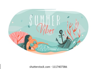 Hand drawn vector abstract cartoon summer time graphic underwater illustrations art template background with ocean bottom,beauty mermaid girl and Summer Vibes text isolated on white