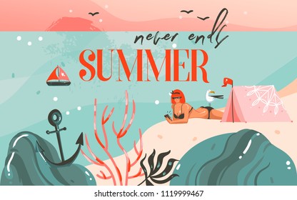 Hand drawn vector abstract cartoon summer time graphic illustrations art background with ocean beach landscape,pink sunset,camping tent and girl on beach scene and summer never ends typography