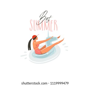 Hand drawn vector abstract cartoon summer time graphic illustrations art with beauty girl on unicorn float ring swimming on pool and Best Summer typography quote isolated on white background