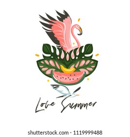 Hand drawn vector abstract cartoon summer time illustrations exotic tropical sign with Flamingo bird,watermelon,tropical leaves and Love summer typography quote isolated on white background