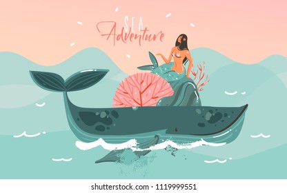 Hand drawn vector abstract cartoon summer time graphic marine illustrations art template background with blue ocean waves,sunset,big whale,corals and beauty mermaid girl isolated on blue background