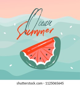 Hand drawn vector abstract cartoon summer time graphic illustrations cards with watermelon rubber float buoy in blue waves,sunset and Ocean Summer typography text isolated on pink pastel background